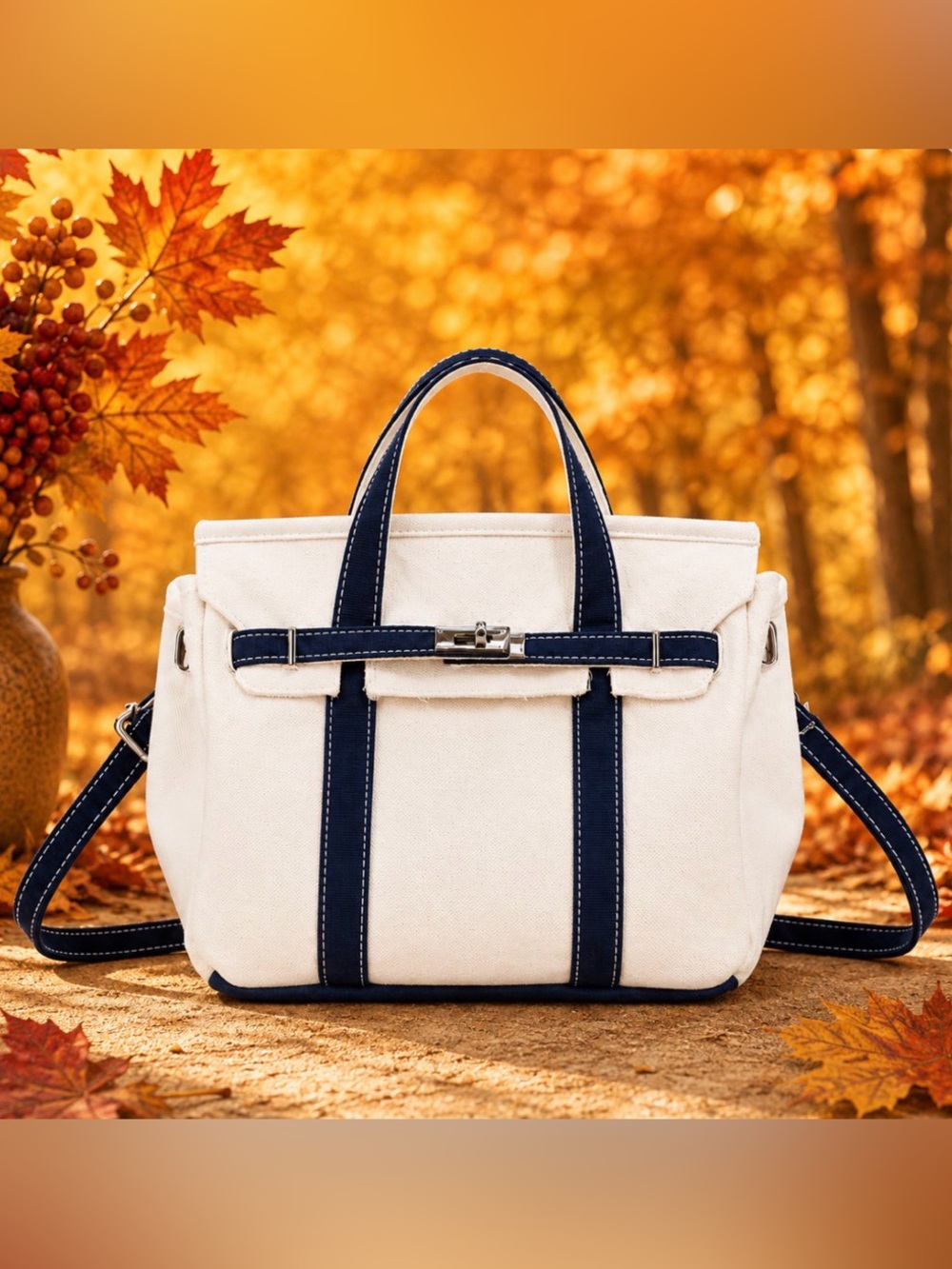 Small White & Navy Blue Canvas Tote Bag with Adjustable Strap